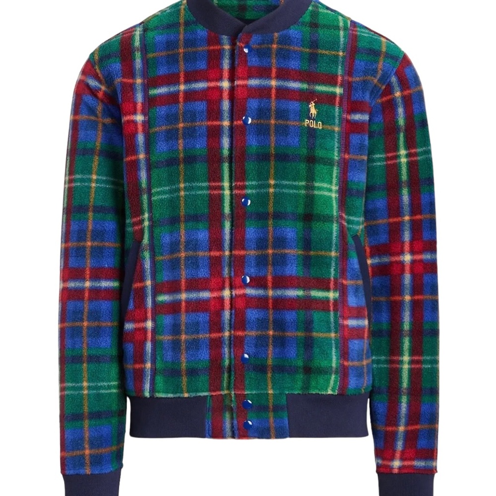 Polo Ralph Lauren Fleece Long Sleeve Royal Baseball Jacket Plaid Men’s Large NWT